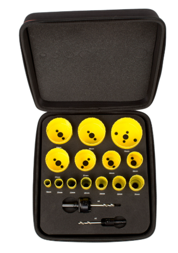 General Purpose Holesaw Kit 16pcs 16–76mm – Complete Fast Cut Bi-Metal Hole Saw Assortment for Trade Use